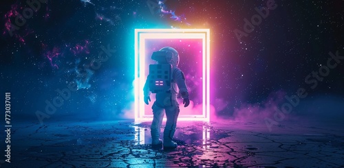Astronaut in Space Suit Standing in Front of Pink and Blue Neon Doorway Generative AI