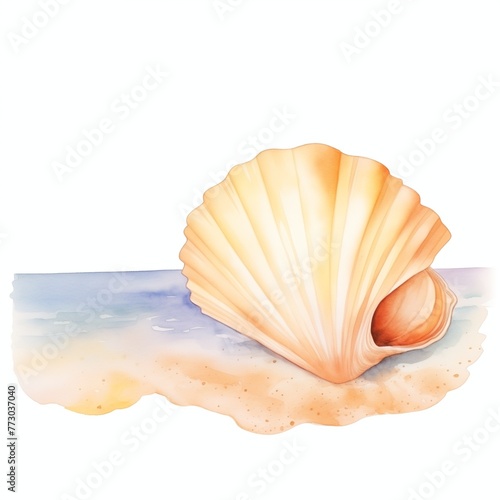 Seashells in the watercolor sea scene with beach and sand