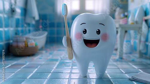 Illustration, a happy white tooth with a toothbrush in hand, a cartoon character on an unusual background. photo