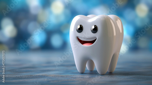 Illustration, a happy white tooth with a toothbrush in hand, a cartoon character on an unusual background. photo