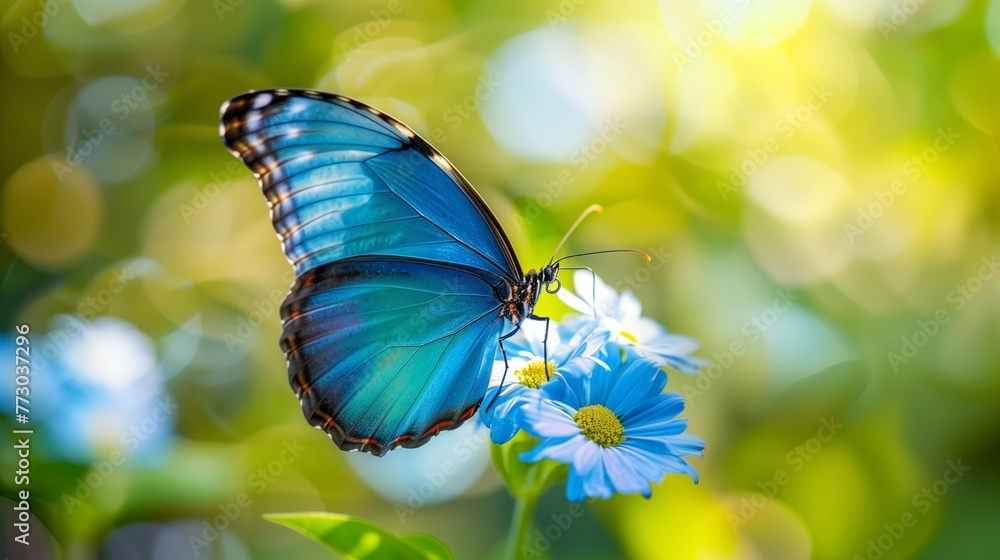 Majestic blue butterfly alights on a delicate flower, its iridescent wings shimmering in sunlight.  - obrazy, fototapety, plakaty 