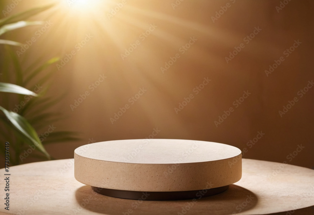 Natural stone podium for beauty and spa cosmetic brand display on brown background wall and sun ray Natural stone podium for beauty and spa cosmetic brand display on brown background wall and sun ray