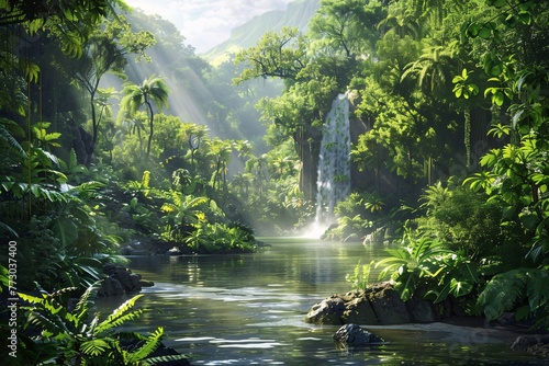 A serene jungle scene with a waterfall and lush greenery, perfect for a relaxing summer escape Generative AI