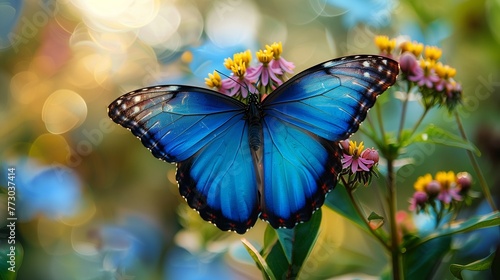 Majestic blue butterfly alights on a delicate flower, its iridescent wings shimmering in sunlight.  © Muhammad