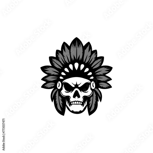Skull Wearing American Native Chief Hat.Indian Ethnic Leader Logo Design