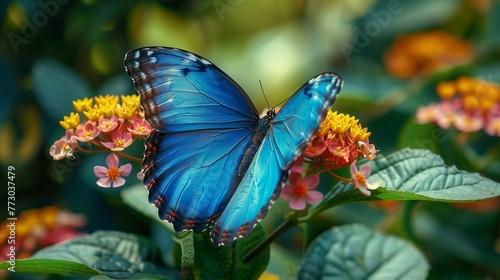 Majestic blue butterfly alights on a delicate flower, its iridescent wings shimmering in sunlight.  photo