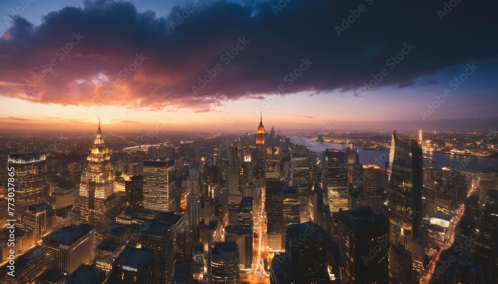 An urban sunset view, casting a breathtaking orange hue over the iconic skyline of a bustling city with towering skyscrapers and busy streets.