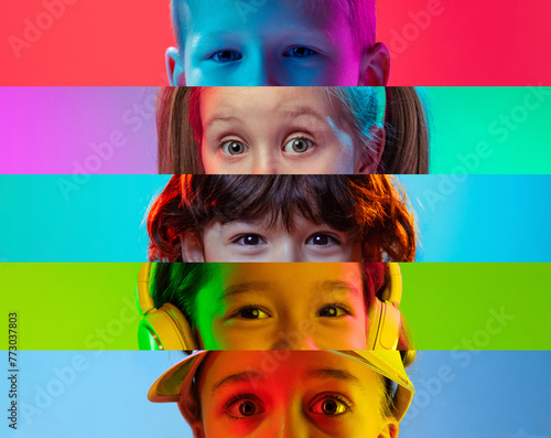 Narrow stripes collage of children's eyes, boys and girls looking at camera against multicolored background. Concept of childhood, kid's emotions, lifestyle, friendship