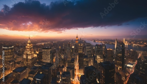 An urban sunset view, casting a breathtaking orange hue over the iconic skyline of a bustling city with towering skyscrapers and busy streets.