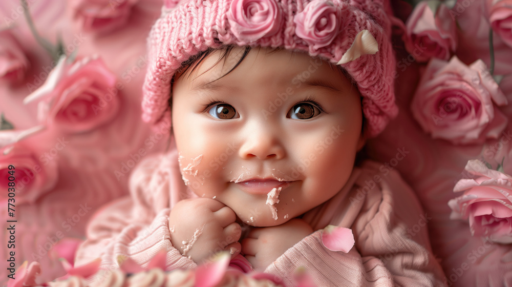 Baby girl celebrating first birthday in room. Eating cake. Birthday decoration. Childhood, generative ai Baby girl celebrating first birthday in room. Eating cake. Birthday decoration. Childhood, generative ai