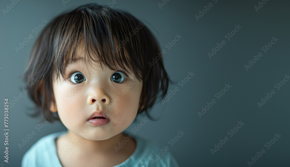 A young child with brown hair and blue eyes is staring at the camera. The child's expression is curious and surprised. a 1-year-old Asian toddler, bewildered expression, drooling, looking confused A young child with brown hair and blue eyes is staring at the camera. The child's expression is curious and surprised. a 1-year-old Asian toddler, bewildered expression, drooling, looking confused