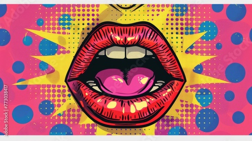 Pink  red lips  mouth and tongue icon on pop art retro vintage colorful background. Trendy and fashion color illustration easy editable for Your design of poster and banner