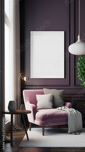 Purple Tone Blank Decorative Painting Frame Mockup Vertical Picture Mobile Poster Display Background