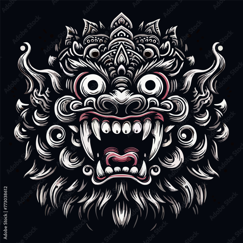 Balinese barong mask texture vector logo illustration. Black, white and colorfull design
