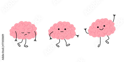 Level energy brain of person from low tired in full happy, cartoon character. Brain with low charge, lack energy and power with high energy. Strain, burnout. Vector illustration