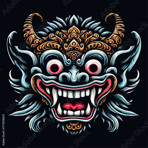 Balinese barong mask texture vector logo illustration. Black, white and colorfull design 