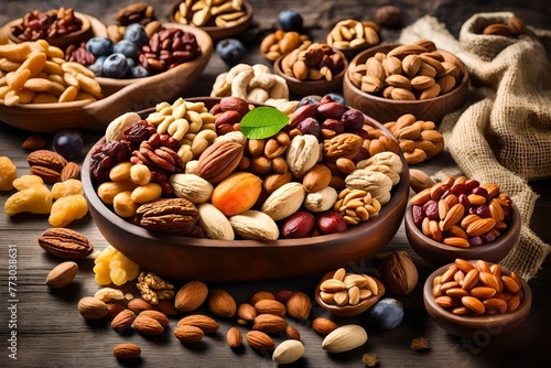 Nuts and dried fruits in the bowls.