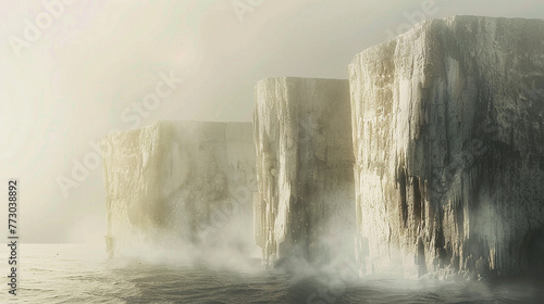 A surreal dreamscape where marble cliffs rise from a sea of mist, their smooth surfaces glowing in the ethereal light.