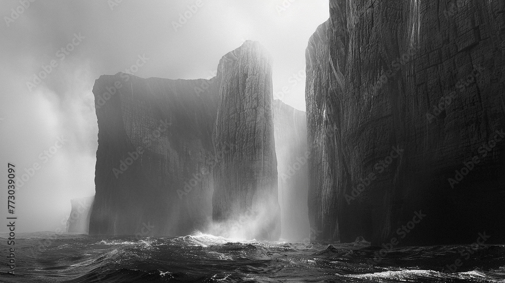 A surreal dreamscape where marble cliffs rise from a sea of mist, their smooth surfaces glowing in the ethereal light. - obrazy, fototapety, plakaty 