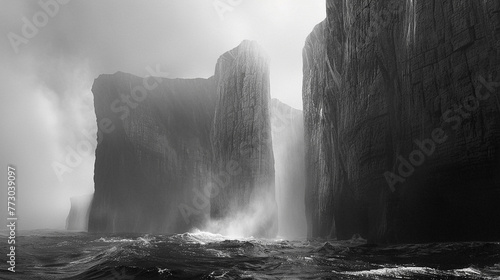 A surreal dreamscape where marble cliffs rise from a sea of mist, their smooth surfaces glowing in the ethereal light.