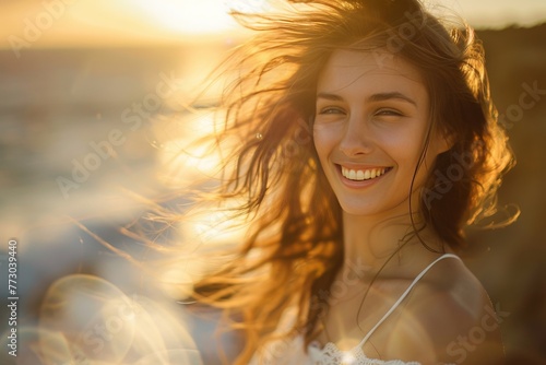 portrait of a girl at sunset against the backdrop of the sea