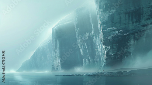 A surreal dreamscape where marble cliffs rise from a sea of mist, their smooth surfaces glowing in the ethereal light.