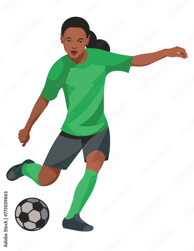 Dark-skinned teenage girl in a green sports uniform playing women's football and going to kick the ball with her foot
