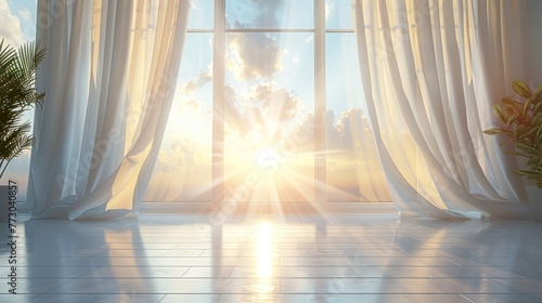 Sunlight shining through closed curtains in a room photo