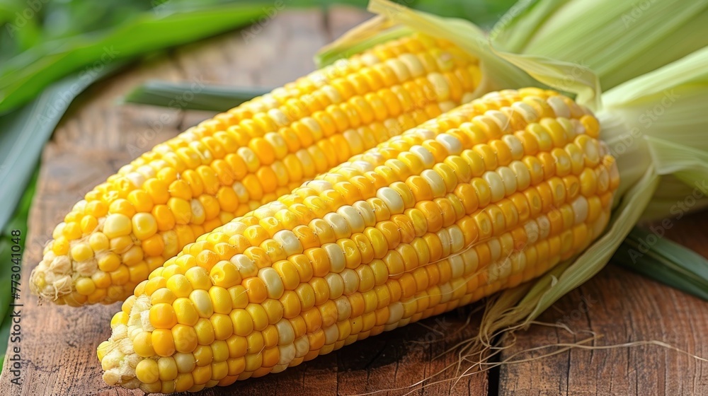 Two corn ears placed on a rustic wooden table Two corn ears placed on a rustic wooden table
