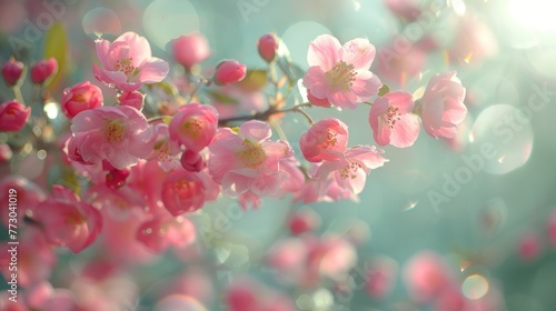 Clump of pink flowers hanging from a branch