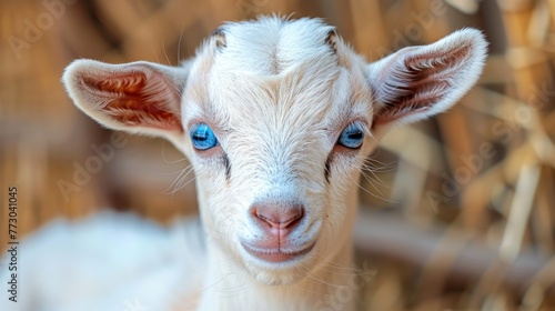A close-up view of a goat showing its striking blue eyes
