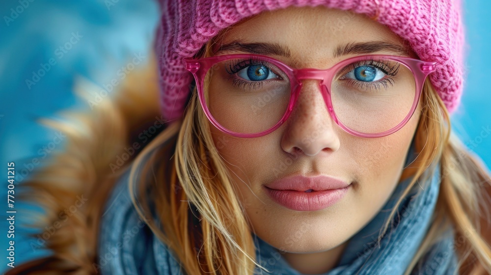 A woman wearing pink glasses and a pink hat A woman wearing pink glasses and a pink hat