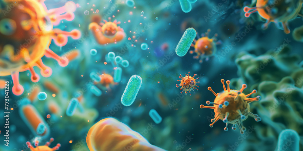 A detailed 3D render of various microbes, including bacteria and viruses, as seen through a microscope The scene captures the intricate structures of these organisms, highlighting their role  - obrazy, fototapety, plakaty 