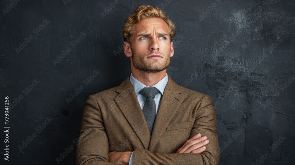 A man in a suit and tie stands confidently, arms crossed A man in a suit and tie stands confidently, arms crossed
