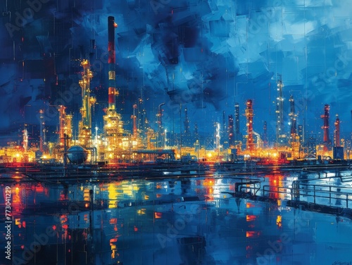 Night Industrial Landscape with Illuminated Oil Refinery, Dramatic Sky and Reflections in Water