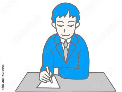 青いスーツを着て書き物をしている男性