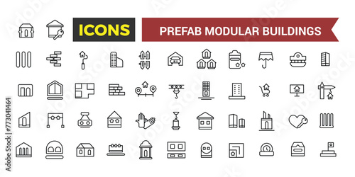 Prefab Modular Buildings Icons Set, Set Of Prefabricated Shipping Container Homes, Modular Construction, Barn House, Office, Garage, Toilet, Shed Vector Icon, Vector Illustration