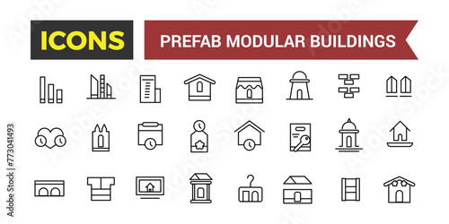 Prefab Modular Buildings Icons Set, Set Of Prefabricated Shipping Container Homes, Modular Construction, Barn House, Office, Garage, Toilet, Shed Vector Icon, Vector Illustration