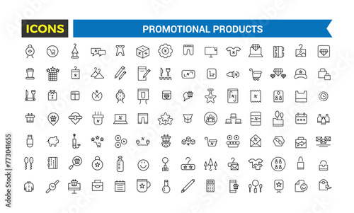 Promotional products icons set. Set of branding cap, t-shirt, cup, planner, calendar, advertising souvenirs, gifts. Thin outline icons pack. Vector illustration.