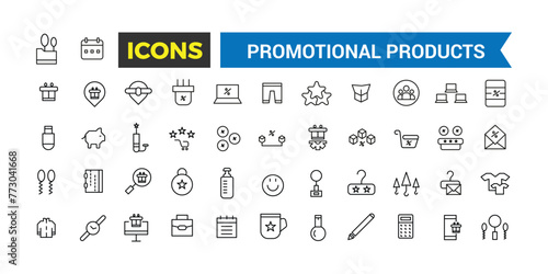 Promotional products icons set. Set of branding cap, t-shirt, cup, planner, calendar, advertising souvenirs, gifts. Thin outline icons pack. Vector illustration.