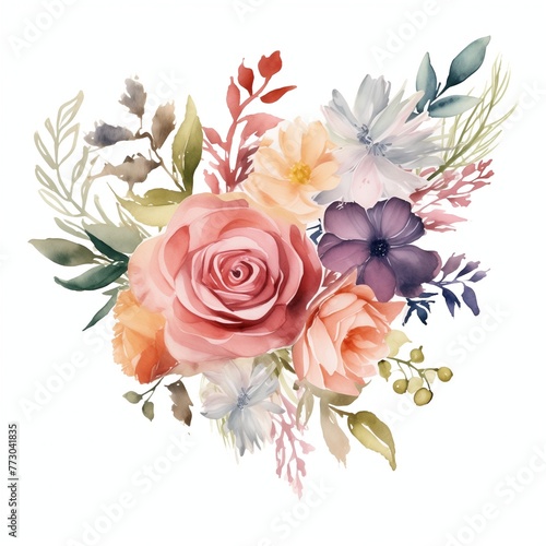 Watercolor bohemian flower bouquet on the white background