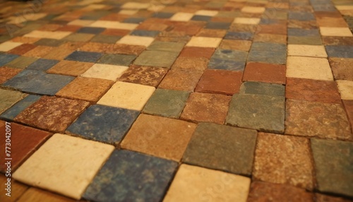 Close-up of aged multicolored tiles on a floor  creating a mosaic of warm earthy tones suitable for background texture