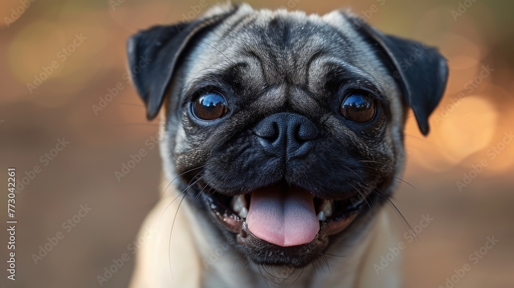 A pug dog with its tongue sticking out in a playful manner