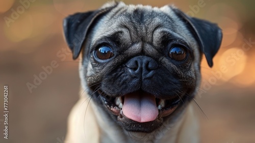A pug dog with its tongue sticking out in a playful manner © Viktor