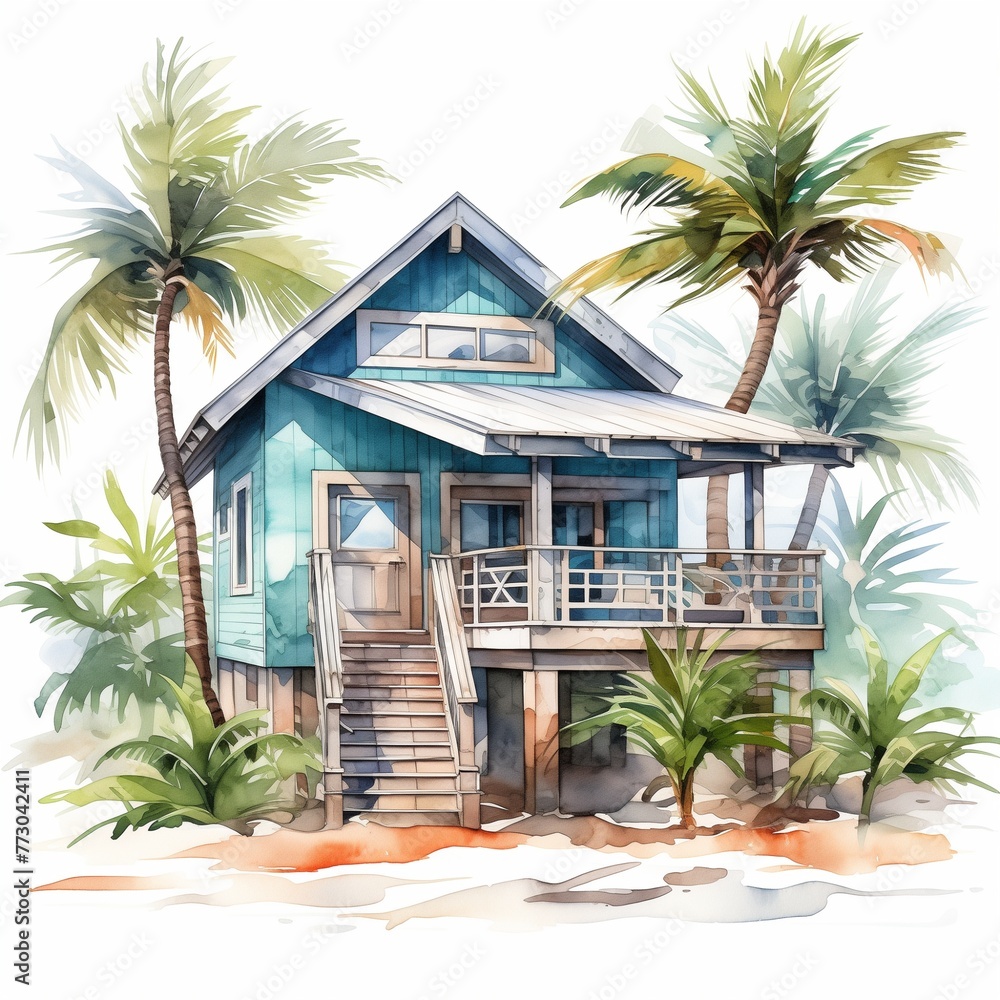 Tropical beach house watercolor scene isolated on white