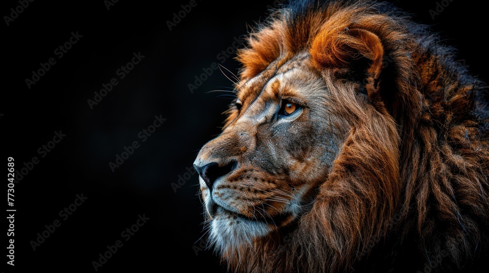 A detailed view of a lion against a black backdrop