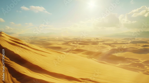 Desert landscape with sand dunes, sultry sun. Extreme adventure concept. Generative AI © AngrySun