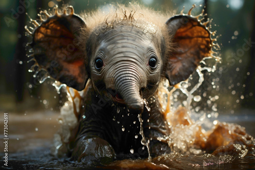 A grey baby elephant with a playful trunk, spraying water on a grey savanna. © Animals