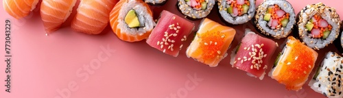 A row of sushi rolls with a pink background