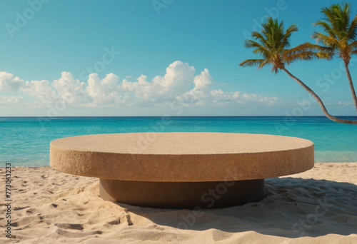 Wooden Podium on sea beach sand with sea background generative ai © Branding_Cafe